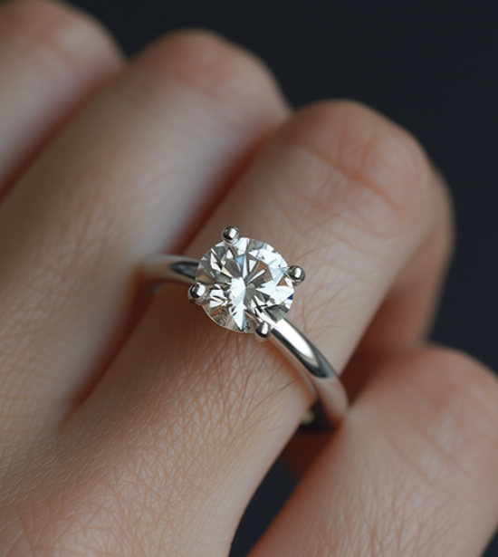 A Diamond Engagement Ring Sits on a Woman's Ring Finger