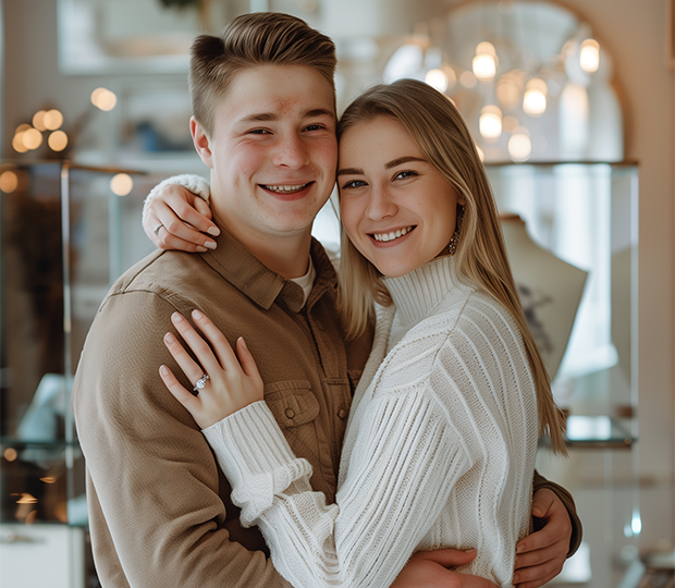 A man and woman happily holding each other