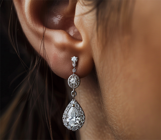 A beautiful pear diamond earring hanging from a woman's ear