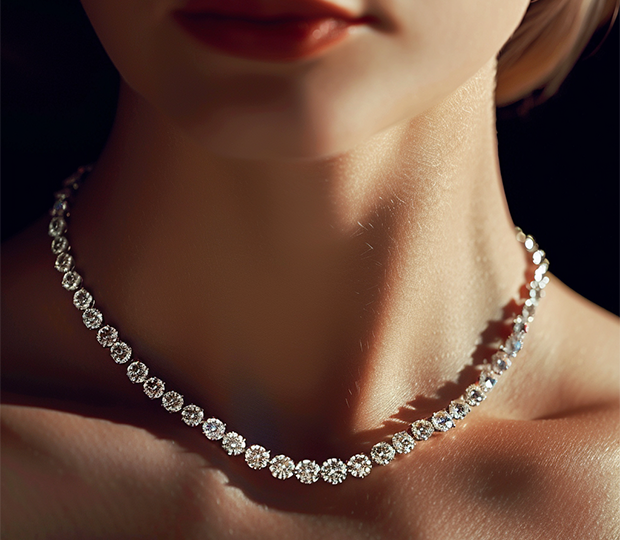 A beautiful diamond necklace placed around a woman's neck