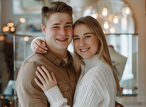 A man and woman happily holding each other