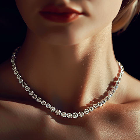 A beautiful diamond necklace placed around a woman's neck