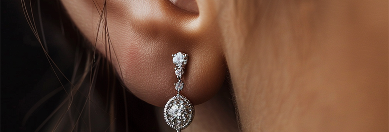 A beautiful pear diamond earring hanging from a woman's ear