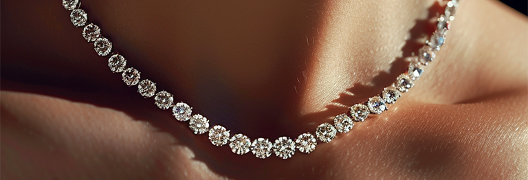 A beautiful diamond necklace placed around a woman's neck